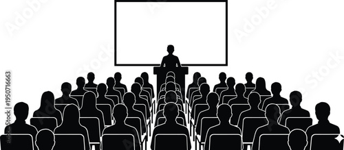 Black silhouette of a speaker giving a presentation to a large audience in a lecture hall with a blank screen on white background.