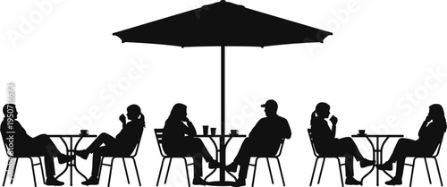 Black silhouette of diverse people sitting at cafe tables under a large umbrella, drinking coffee and talking together isolated on white background for lifestyle.