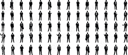 Large collection of black silhouettes showing professional businessmen in various poses wearing suits and ties isolated on a clean white background for design.