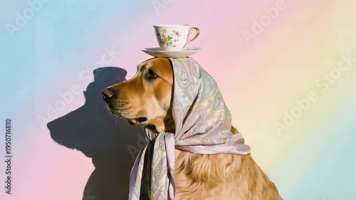 Surreal portrait of a golden retriever dog wearing a patterned scarf with a delicate floral teacup