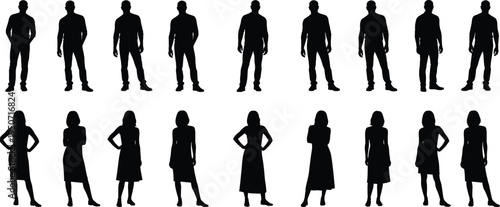 Large collection of diverse male and female body silhouettes standing in various poses isolated on white background for graphic design and architectural visualization projects