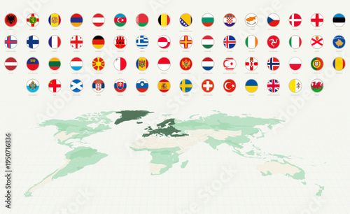 Collection of Round Flags of Europe with Europe Highlighted on a World Map.
