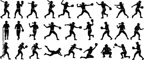 Large collection of female softball and baseball player silhouettes including pitching, batting, catching, and running poses for sports graphic design, team logos, and athletic competition concepts