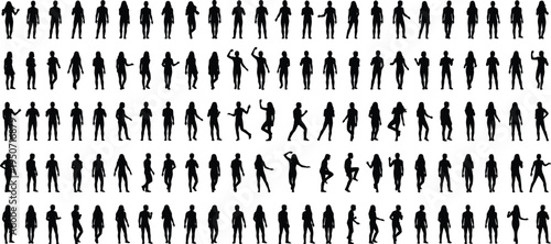 Large collection of diverse men and women silhouettes standing and posing in various casual positions for community group, architectural visualization, and urban lifestyle concepts