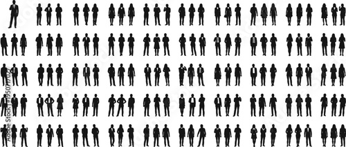 Massive collection of black silhouettes featuring a diverse crowd of professional business men and women standing in formal poses isolated on white background for corporate projects