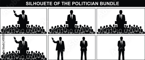Massive collection of black silhouettes featuring a politician giving speech to a crowd of people isolated on white background for government and election projects