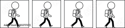 Minimalist stick figure character with backpack walking in a sequence set of four frames isolated on white background for animation, school, and travel.