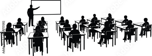 Professional classroom silhouette featuring a male teacher pointing at a blank whiteboard and students sitting at desks for education, learning, and school concept