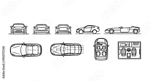 Automobile outline icon collection with multiple car views including front rear side top bottom and interior