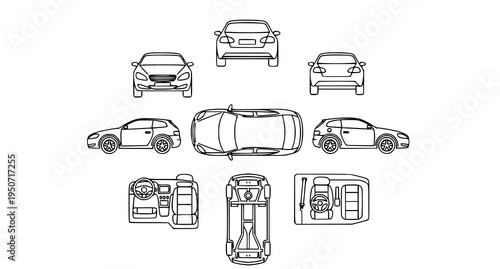 Minimal car view outline icons set showing front back side top underside and interior vehicle perspectives