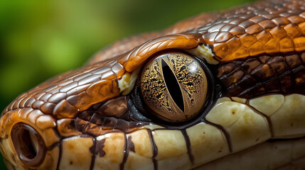Snake Eye Close Up. Extreme close-up photo of a snake eye with a sharp vertical slit pupil and golden iris, detailed reptile scales surrounding the eye, natural light reflecting on the smooth scales, 
