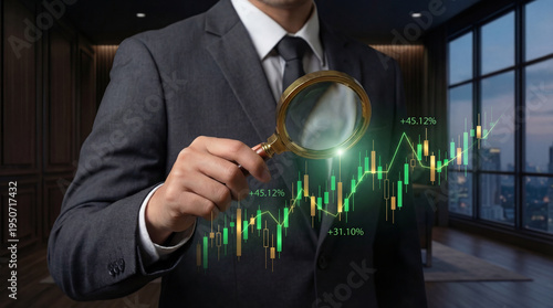 Businessman analyzing stock market candlestick chart with magnifying glass