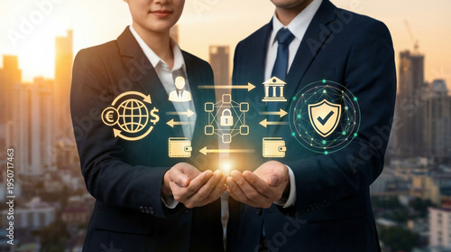 Secure global money transfer and digital banking partnership concept