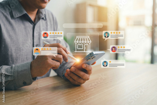 Man managing online store reviews and customer feedback on smartphone