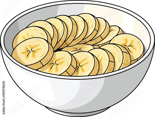 White bowl filled neatly with perfectly sliced yellow bananas arranged in.