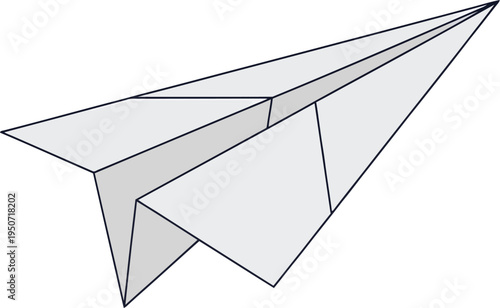 Simple gray paper airplane floats isolated against a stark white.