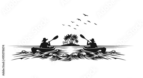 Vector illustration of two kayakers paddling on waves towards island with palm tree
