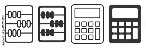 abacus and calculator icons set with line and solid styles on transparent background