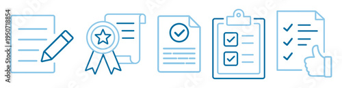 Set of document icons with checklist, certification, clipboard and approval symbols on transparent background