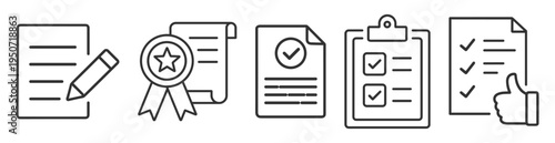 document with checklist, certificate icon, approval symbol, contract and report icons on transparent background
