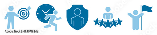 Set of business success and achievement icons including person, goal, time, shield, rating, and flag on transparent background