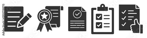 Set of document icons with certificate, checklist, and approval symbols on transparent background