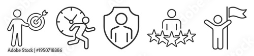Business and achievement icons including target, running person and rating stars on transparent background
