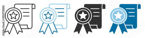 Certification award icon with ribbon and star on certificate on transparent background
