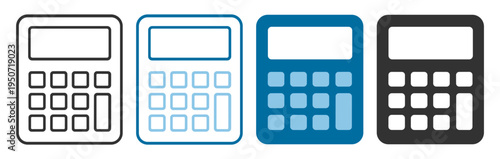 Calculator icons in line and outline style with blue and black colors on transparent background