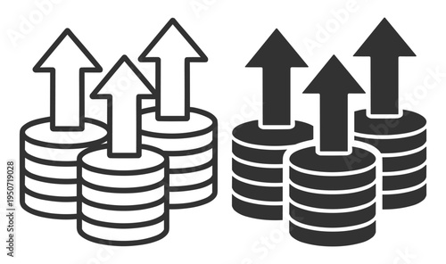coin stack with upward arrows icon, financial growth and investment increase symbol on transparent background