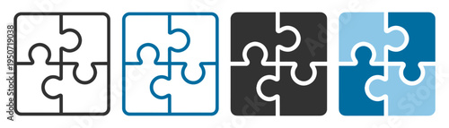Set of puzzle game icons, jigsaw pieces in different styles and colors, concept symbol on transparent background