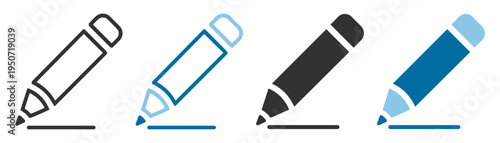 Set of pencil writing icons with varied styles and colors on transparent background