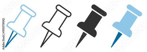 Push pin outline icon stationery office tool marking blue symbol on transparent background