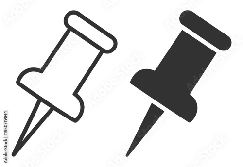 Push pin icon set with solid and line style on transparent background