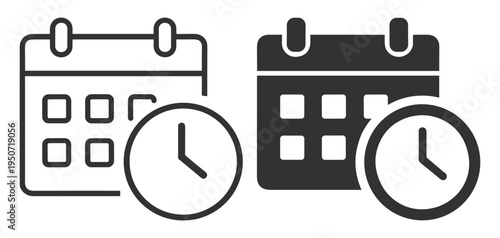 Calendar and clock icon in solid and outline style for schedule and time management on transparent background