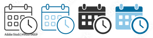 Calendar and clock icons, schedule and time organizer icons on transparent background