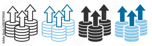 Coins icon with upward arrows growth finance and business symbol on transparent background