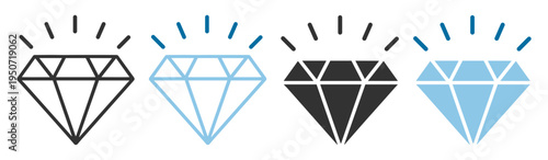 diamond and gem icons in black and blue colors on transparent background