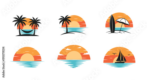 Set of 6 tropical sunset icons vector