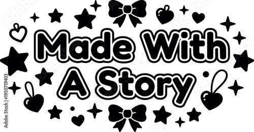 Black and white vector art made with a story text surrounded by hearts stars and bows in simple flat design style