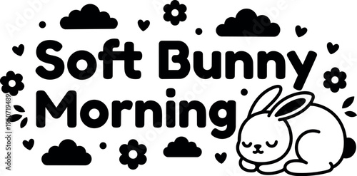 Cute sleeping white bunny with fluffy tail surrounded by clouds flowers hearts soft bunny morning text vector art