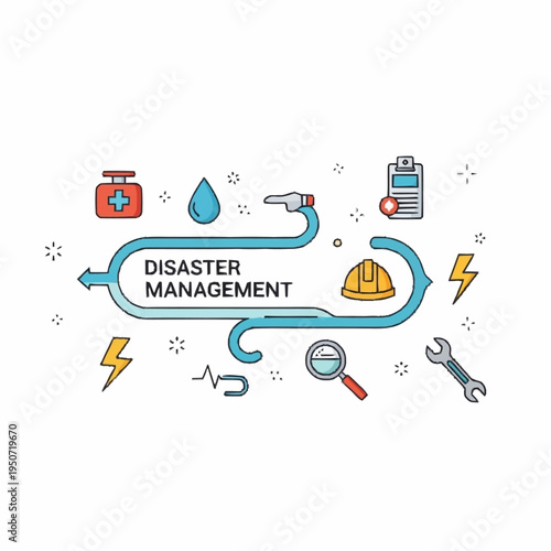Illustration of disaster management concepts including first aid, water, safety equipment, and emergency response.