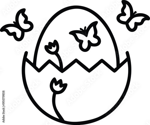 Butterflies emerging from cracked eggshell with flowers