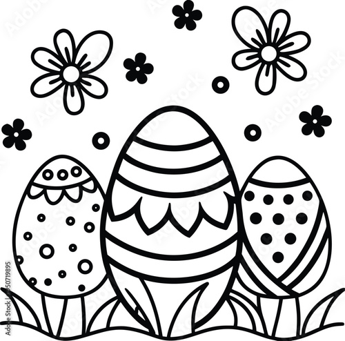 Black and white easter eggs with flowers and grass