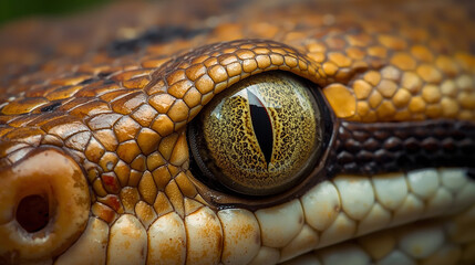 Snake Eye Macro. Macro photograph of a snake eye showing detailed textured scales and a bright yellow-green iris with vertical pupil, natural lighting highlighting reptile skin patterns, realistic wil