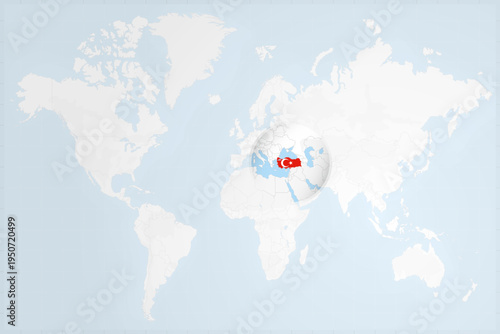 Turkey Map with Flag in Magnifying Glass on World Map Background