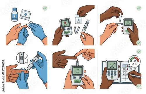 Diabetes blood glucose monitoring icons. Patient testing sugar level with glucometer, lancet, and test strips. Medical healthcare concept.