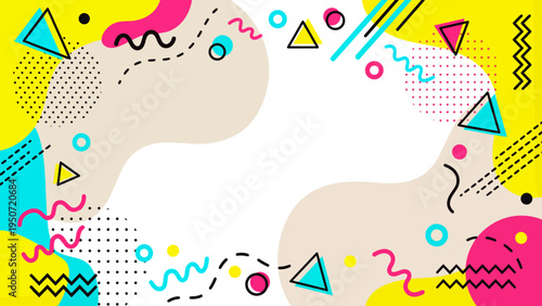 Colorful Memphis style geometric frame with copy space