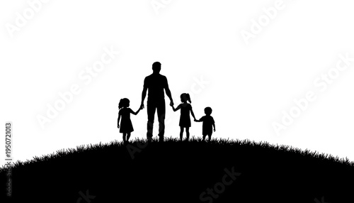silhouette Of a man and children walking on a grassy hill family bonding and love concept