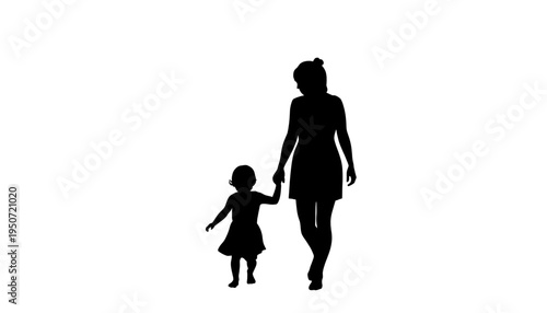 silhouette Mother and child walking hand in hand in black on white background symbolizing love and family bond